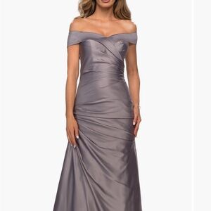 La Femme Elegant Off the Shoulder Satin Dress